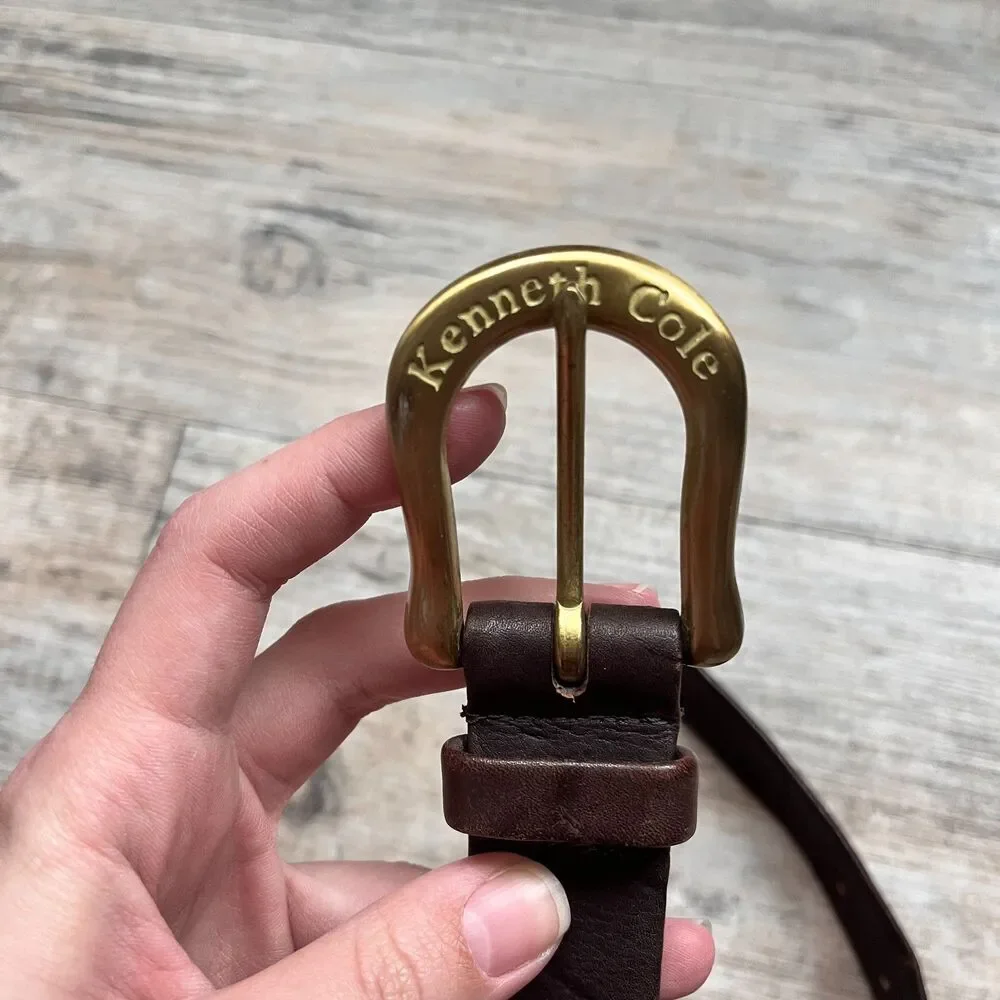 Kenneth Cole Brown Leather Belt Size 30 Gold Buckle Classic Minimalist Old Money